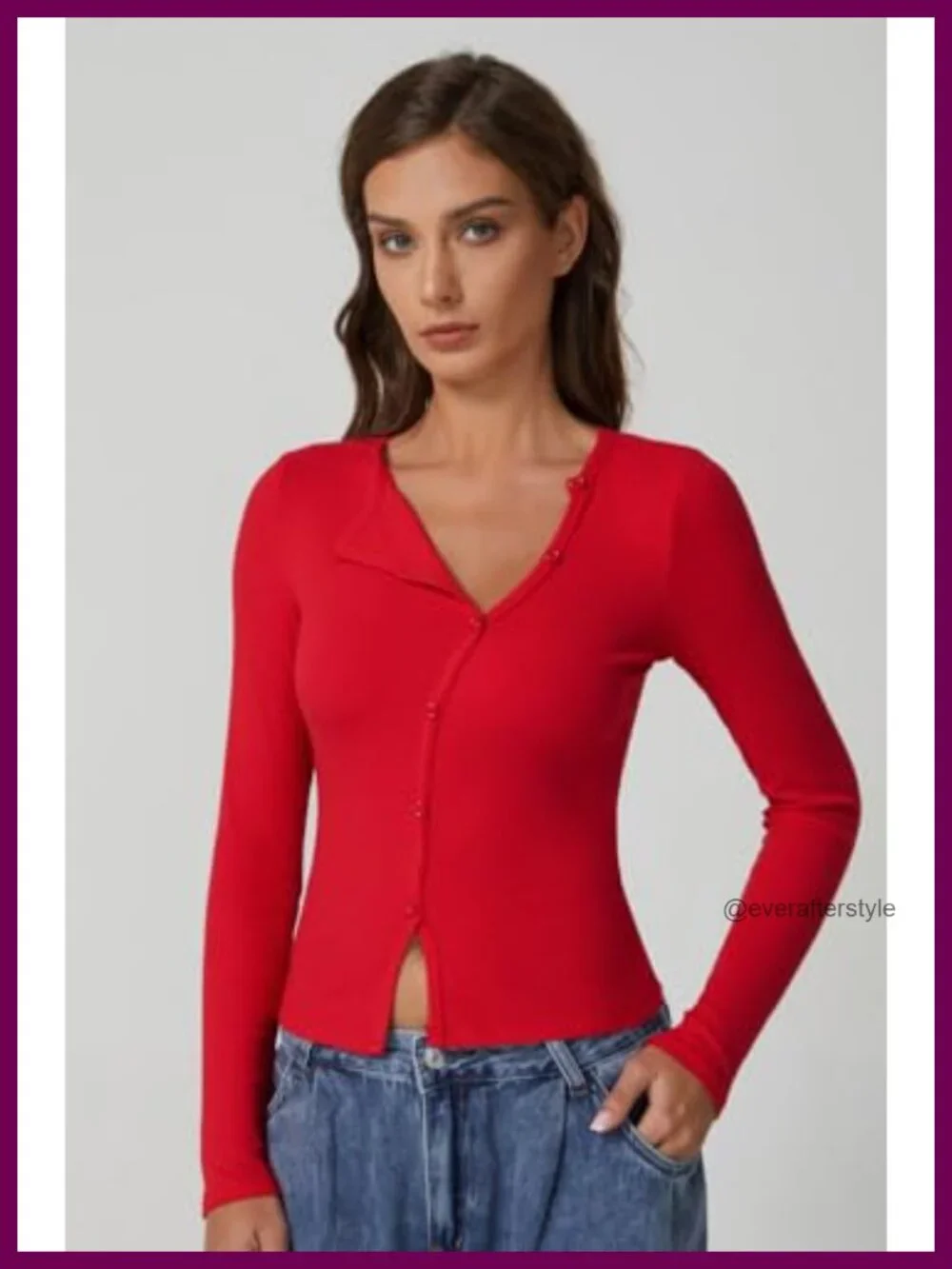 Long Sleeve Ribbed Crewneck Top with Upper Button Fastening Going Out Tops - Picture 4 of 6